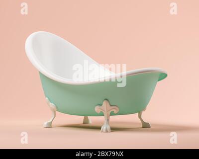Vintage blaue Badewanne auf rosa Hintergrund 3D-Illustration Stockfoto