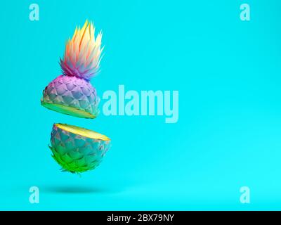Mehrfarbige Scheibe Ananas auf blauem Hintergrund 3D-Rendering Stockfoto