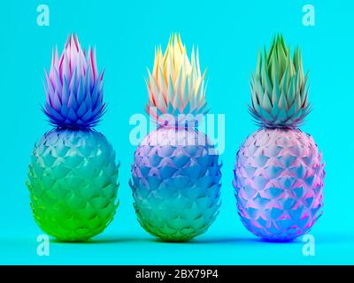 Mehrfarbige Ananas auf blauem Hintergrund 3D-Rendering Stockfoto