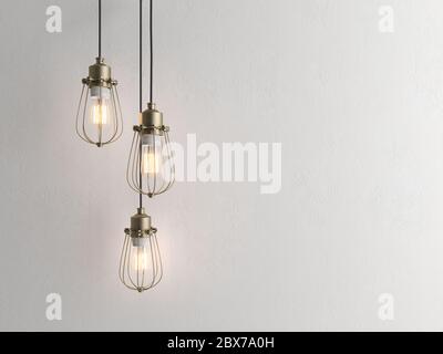 Drei Vintage-Lampen hängen von der Decke mit Wand 3D Renderind Stockfoto