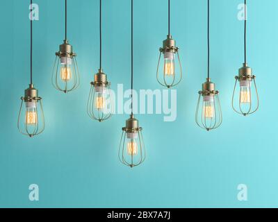 Sieben Vintage-Lampen hängen von der Decke mit blauen Wand 3D-Renderind Stockfoto