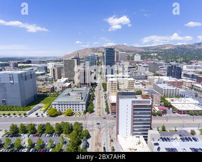 Luftaufnahme von Salt Lake City Downtown an der Main Street in Salt Lake City, Utah, USA. Stockfoto