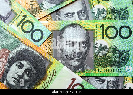 Australische Geldhintergrund. Hundert Dollar Scheine, Vollformat. Stockfoto