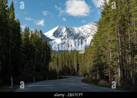 Fahrt in Richtung Oberen und Unteren Seen im Frühling auf Kananaskis Lakes Trail. Peter Lougheed Provincial Park, Alberta, Kanada. Stockfoto