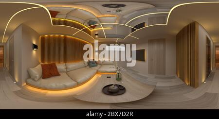 Sphärische 360 nahtlose Panorama-Projektion Interieur moderne Design Raum 3D-Illustration Stockfoto