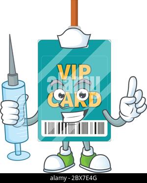 Eine bescheidene Krankenschwester VIP-Pass-Karte Cartoon Charakter halten Spritze Stock Vektor