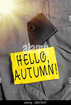 Text zur Worteingabe Hallo, Herbst. Geschäftsfoto zeigt Gruß verwendet, wenn die Umstellung von Sommer auf Winter kleine Brieftasche in ma Stockfoto