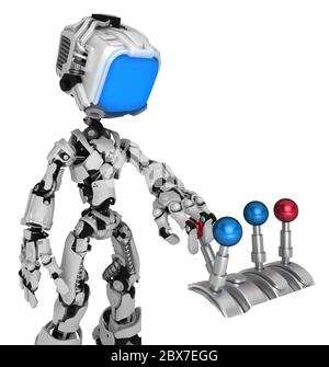 Bildschirm Roboter Figur Charakter Pose nah mit Schalthebel, 3d-Abbildung, horizontal, isoliert Stockfoto