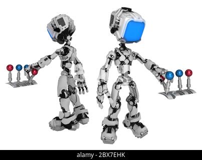 Bildschirm Roboter Figur Charakter Pose mit Schalthebel, 3d-Abbildung, horizontal, isoliert Stockfoto