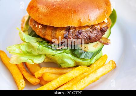 Große saftige Burger und leckere knusprige pommes frites auf einem weißen Teller. Extreme Nahaufnahme von oben. Stockfoto