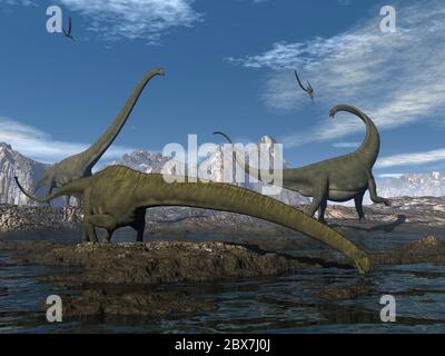 Mamenchisaurus Dinosaurier gehen und trinken - 3D Rendern Stockfoto