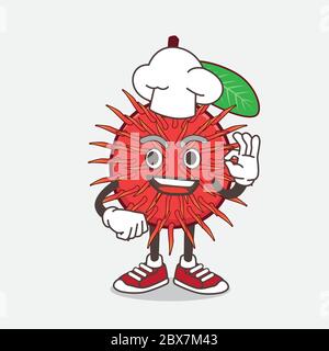 Eine Illustration von Rambutan Obst Cartoon Maskottchen Charakter in einem Koch Kleid und weißen Hut Stock Vektor