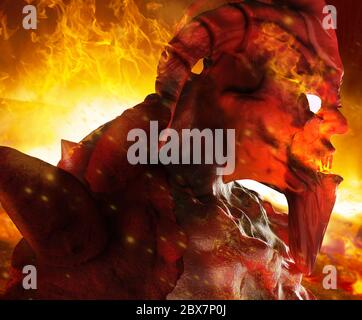 Kunstwerk eines höllischen Dämon Kreatur Gesicht Profil mit leuchtenden Augen aus der Nähe stehen auf Inferno Feuer Hintergrund. Stockfoto