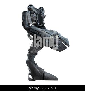 Grau Stahl futuristische Science-Fiction mech Krieger Roboter stehen mit Greifarm und Waffe isoliert auf weißem Hintergrund Profil Ansicht. Stockfoto