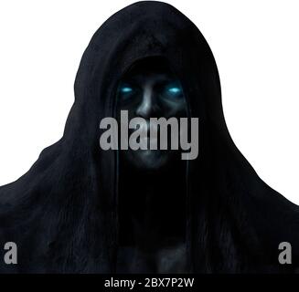 Grim Reaper Geistergesicht in schwarzer Kapuze mit leuchtend blauen Augen isoliert auf weißem Hintergrund. Stockfoto