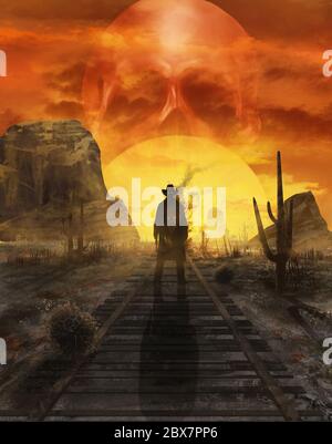 Illustration eines mystischen Cowboy-Gespenstes, der auf einer westlichen Wüsteneisenbahn bei Sonnenuntergang mit Sonne in Schädelform steht. Stockfoto