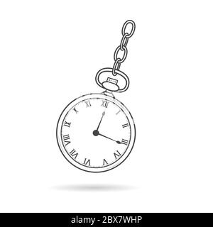 Hypnose beobachten. Stoppuhr für Hypnotherapie. Taschenuhr mit Kette. Countdown-Timer für Sport. Liniengrafik Vektor einfache Illustration Stock Vektor