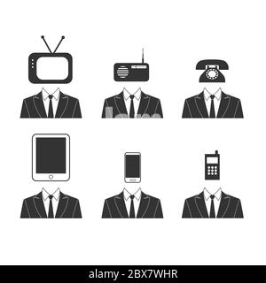 Telekommunikation und Medien flach einfach Symbolsatz. Symbole für Technologie, soziale Medien, Internet, Tablet, Telefon, Radio, Kommunikation. Schwarze Symbole Stock Vektor