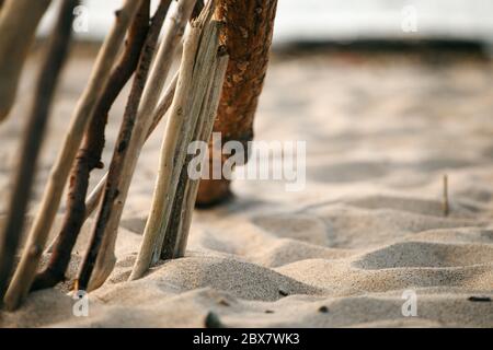 Meereslandschaft mit minimalistischem Design aus Holzstäbchen, Sommer, abstrakte Meditation beruhigendes Zen-ähnliches Konzept Stockfoto