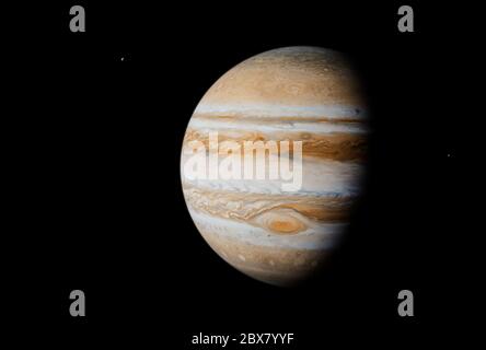 Jupiter im Weltraum mit zwei sichtbaren Monden - 3D Rendering Stockfoto