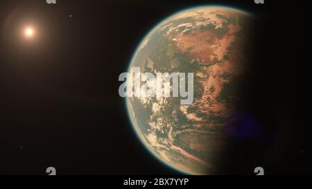 Bewohnbare Erde wie Planet mit zwei Monden und Sonne im Weltraum - bewohnbarer Exoplanet mit Doppelmond, der das Rote Zwergsystem umkreist Stockfoto