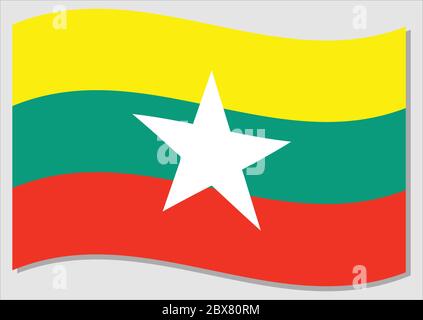 Winkende Flagge von Myanmar Vektorgrafik. Wehende burmesische Flagge Illustration. Myanmar Landesflagge wavin im Wind ist ein Symbol der Freiheit und Unabhängigkeit Stock Vektor