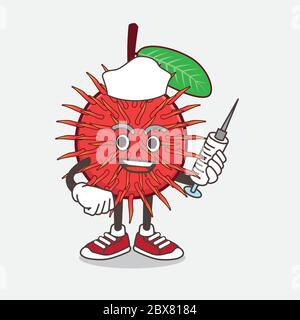 Eine Illustration von Rambutan Obst Cartoon Maskottchen Charakter als Krankenschwester mit medizinischer Spritze Stock Vektor