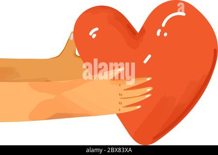 Vektor flache Illustration menschlichen Händen teilen Liebe, Unterstützung, Wertschätzung miteinander. Hände geben Herz als Zeichen der Verbindung und Einheit. Liebe Stock Vektor