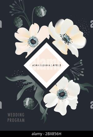 Aquarell Anemones Blumenstrauß-Design auf dunklem Hintergrund, botanische Mohnblüte Einladungskarte. Vintage Zweig Grünblätter, in Vektor. Rustikal Stock Vektor