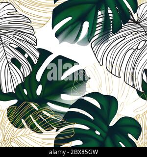 Greenery Monstera exotische Blätter mit goldenen Linie Kunst nahtlose Muster-Design. Natur Hintergrund, Luxus Blumendekoration, Eco Foilage Flatlay Blick i Stock Vektor