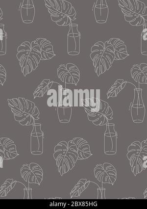 Zimmerpflanze eine Linie monstera Zeichnung. Öko Natur nahtloses Muster. Ouline Boho exotische Pflanzen Blätter in Töpfen Design. Vektor dunkles Design. Stock Vektor