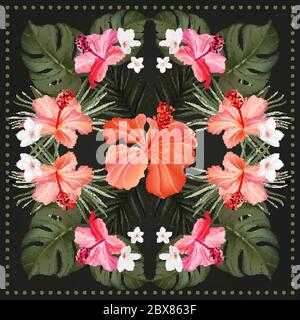 Hibiscus handgezeichnetes tropisches realistisches Schal-Muster mit leuchtend rosa exotischen Plumeria Blüten und Palmblättern auf dunklem Hintergrund. Rechteck Rahmen des Stock Vektor