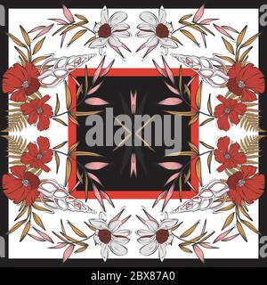 Floraler Schal mit rechteckigem Muster und Mohnblumen, Blüten der Muscheln. Abstraktes Vektordesign mit handgezeichneten Naturelementen für s Stock Vektor