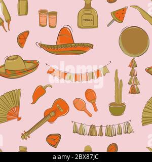 Mexikanischer Cinco de Mayo Karneval nahtlose Muster-Design. Fiesta Urlaub Musikinstrumente, lokale Küche, Dekoration, Tequila, Kaktus, Maracas. Festgelegt auf Stock Vektor