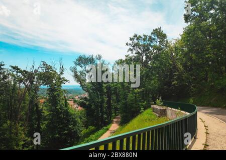 Schöner Blick auf die Straße durch den Wald, klarer blauer Himmel und rote Ziegeldächer Stockfoto