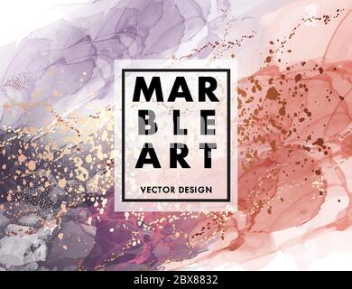 Marmor abstrakte flüssige Koralle und marineblaue Form. Violet kreative Wasserfarbe Alkohol Tinte Design mit Gold Hintergrund. Dunkle Postertinte. Vektor. Stock Vektor