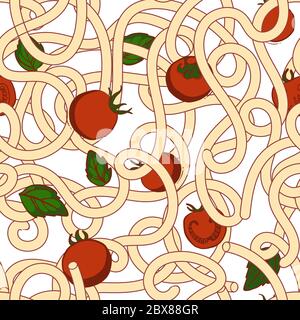 Spaghetti mit Tomate und Basilikum nahtloses Muster. Modernes italienisches Restaurant mit Speisenmuster. Pasta cool Vektor Design Hand gezeichnet Kunst. Hintergrund für res Stock Vektor