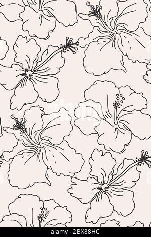 Line Art florales Hibiskusmuster, nahtlose Stoffdeko. Outlline exotische Blumen deutliche Zeichnungen Vektor. Pastellgrafiken, zarte botanische A Stock Vektor