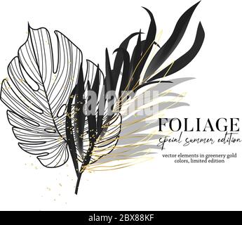 Schwarze Bananenblätter und goldene Palmlinien, Monstera Blätter im Vektor. Paradies Silhouette botanische Kunst. Goldene Vintage-Kunst Stock Vektor
