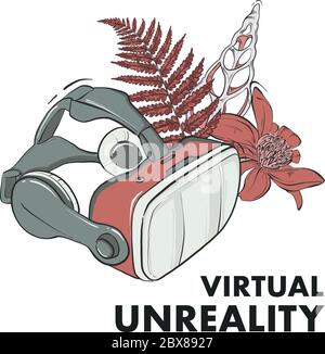 Virtual Reality google-Maske, Spiel interagierende Brillen mit Blumenstrauß und Text virtuelle Unwirklichkeit. Vector T-Shirt Vorlage, Bekleidungsdesign, Kunst Prin Stock Vektor