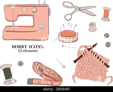 Handgemachtes Hobby Nähen Icon Set. Bastelwerkzeug für Handarbeiten, Stricken: Schere, Faden, Nadeln, Nähmaschine, Nadelkissen. Handgezeichnete Ausrüstung Stock Vektor