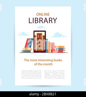 Poster Online-Bibliothek. Ein Mobiltelefon mit Bücherregalen in der Bibliothek. Es gibt viele verschiedene Bücher rund um das Telefon. Isoliert auf weiß. Vertikale Ve Stock Vektor