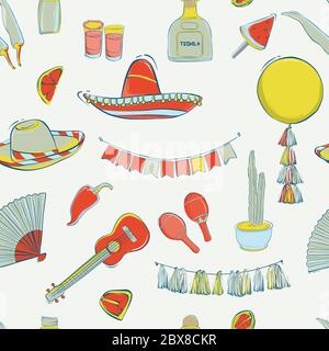 Mexikanischer Cinco de Mayo Karneval nahtlose Muster-Design. Fiesta Urlaub Musikinstrumente, lokale Küche, Dekoration, Tequila, Kaktus, Maracas. Festgelegt auf Stock Vektor