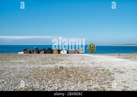 Fischerdorf Helgumannens auf der Insel Fåro in der Ostsee.Fårö und Gotland sind wichtige Reiseziele in schweden. Stockfoto