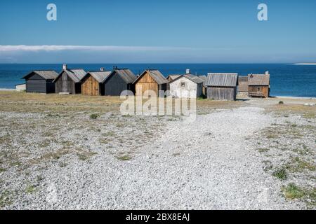 Fischerdorf Helgumannens auf der Insel Fåro in der Ostsee.Fårö und Gotland sind wichtige Reiseziele in schweden. Stockfoto