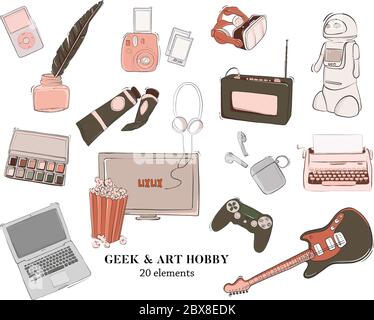 Geek und Kunst-Icons setzen Zeichnung. Skizze für Aktivitäten in Innenräumen. Hand-gezeichnet vr, tv, Computer, Schauspiel, Schreiben, Singen, Fotografie, Filmemachen Illust Stock Vektor