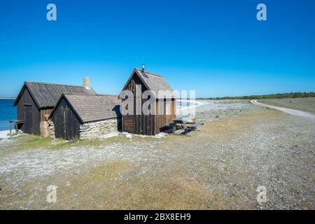 Fischerdorf Helgumannens auf der Insel Fåro in der Ostsee.Fårö und Gotland sind wichtige Reiseziele in schweden. Stockfoto