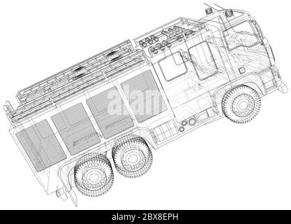 Vektor der Fire Engine. Feuerwehrauto. Drahtrahmen. Die Schichten von sichtbaren und unsichtbaren Linien werden getrennt. EPS10-Format. Stock Vektor