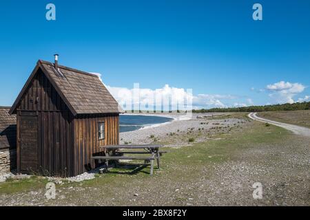 Fischerdorf Helgumannens auf der Insel Fåro in der Ostsee.Fårö und Gotland sind wichtige Reiseziele in schweden. Stockfoto