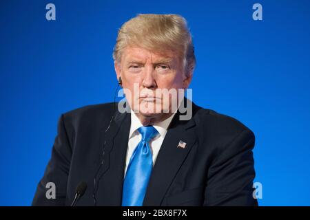 PARIS, FRANKREICH - 13. JULI 2017: Der Präsident der Vereinigten Staaten von Amerika Donald Trump im Elysee Palast für ein ausgedehntes Interview mit den franzosen Stockfoto